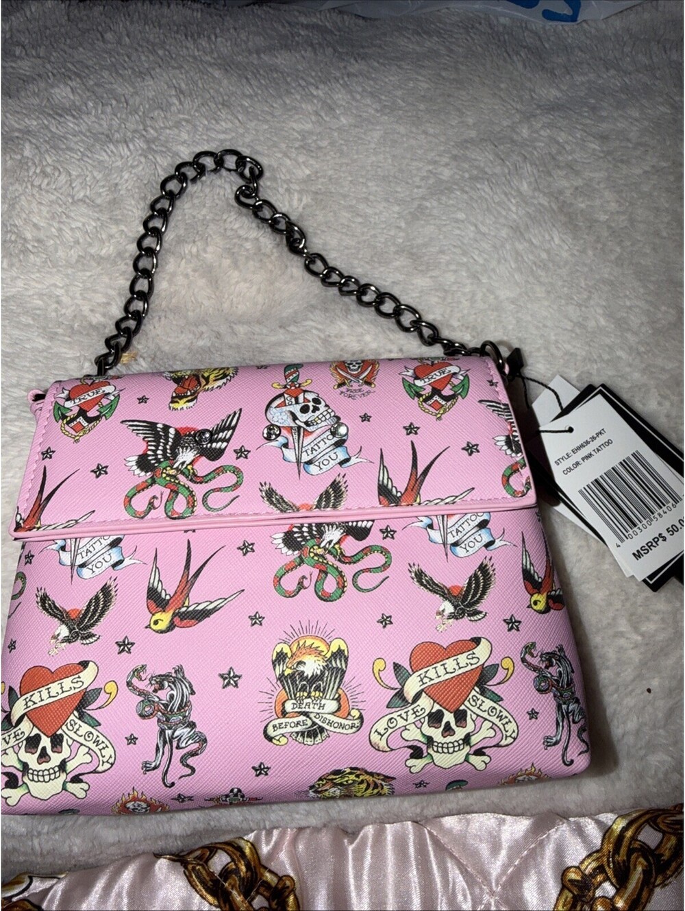 Ed Hardy Pink Tattoo Print Kiss Clasp Coin Purse Evening Bag With Chain